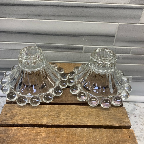 Set of 2 Vintage Imperial Bubble Style Clear Short Glass Candle Holders - Picture 5 of 6